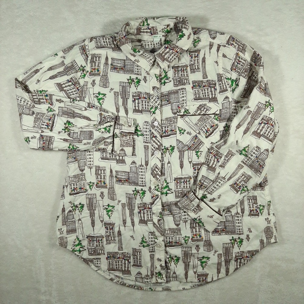 Aerie Cityscape Holiday Button-Up Pajama Top Collared Cotton Long Sleeve M